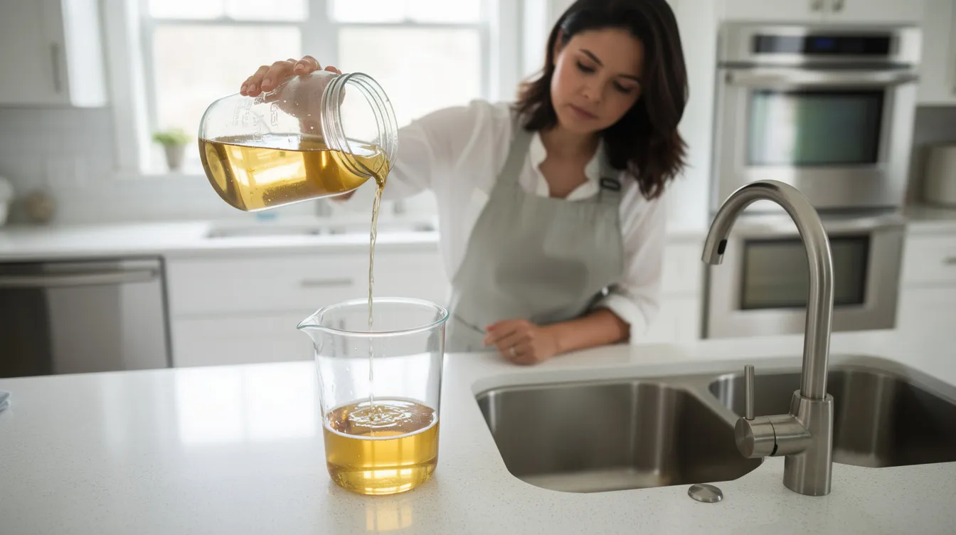 The image depicts a homeowner responsibly pouring grease into a container instead of down the kitchen sink, promoting proper waste disposal to avoid clogged drains and sewer line issues. The clean, modern kitchen in the background highlights the importance of maintaining a healthy plumbing system to prevent costly repairs.