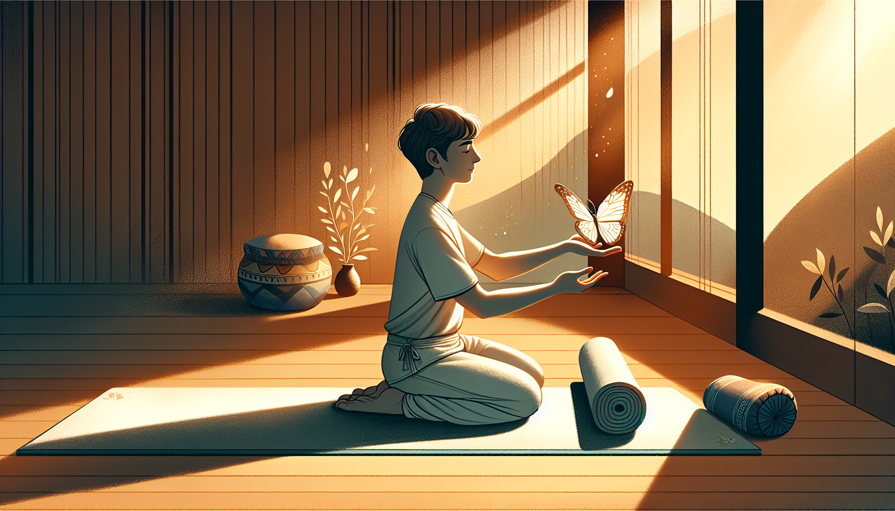 Illustration of a beginner practicing Yin Yoga with gentle transitions