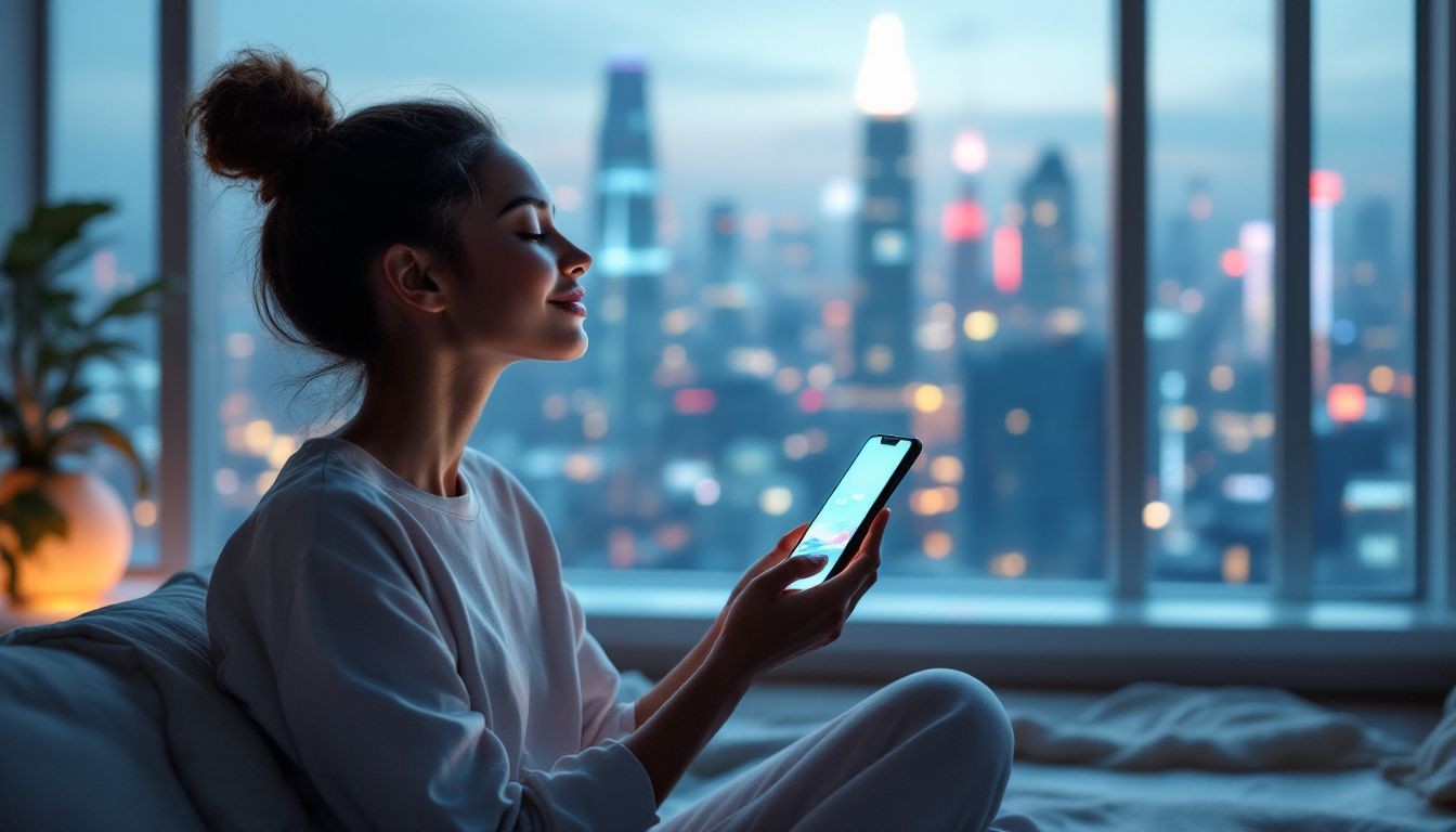 A person using a smartphone with various mindfulness apps displayed on the screen, representing AI-powered apps for mindful tech use.