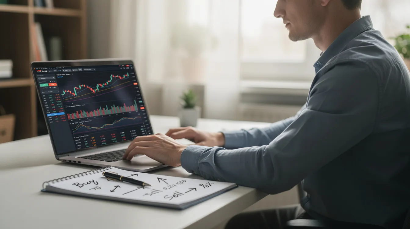 A person sits at a desk, focused on a laptop displaying stock charts, while a notepad beside them features handwritten investment notes, reflecting their own research and strategies for navigating the stock market. This scene captures the essence of individual investors making informed investment decisions, akin to a fund manager analyzing current market conditions.