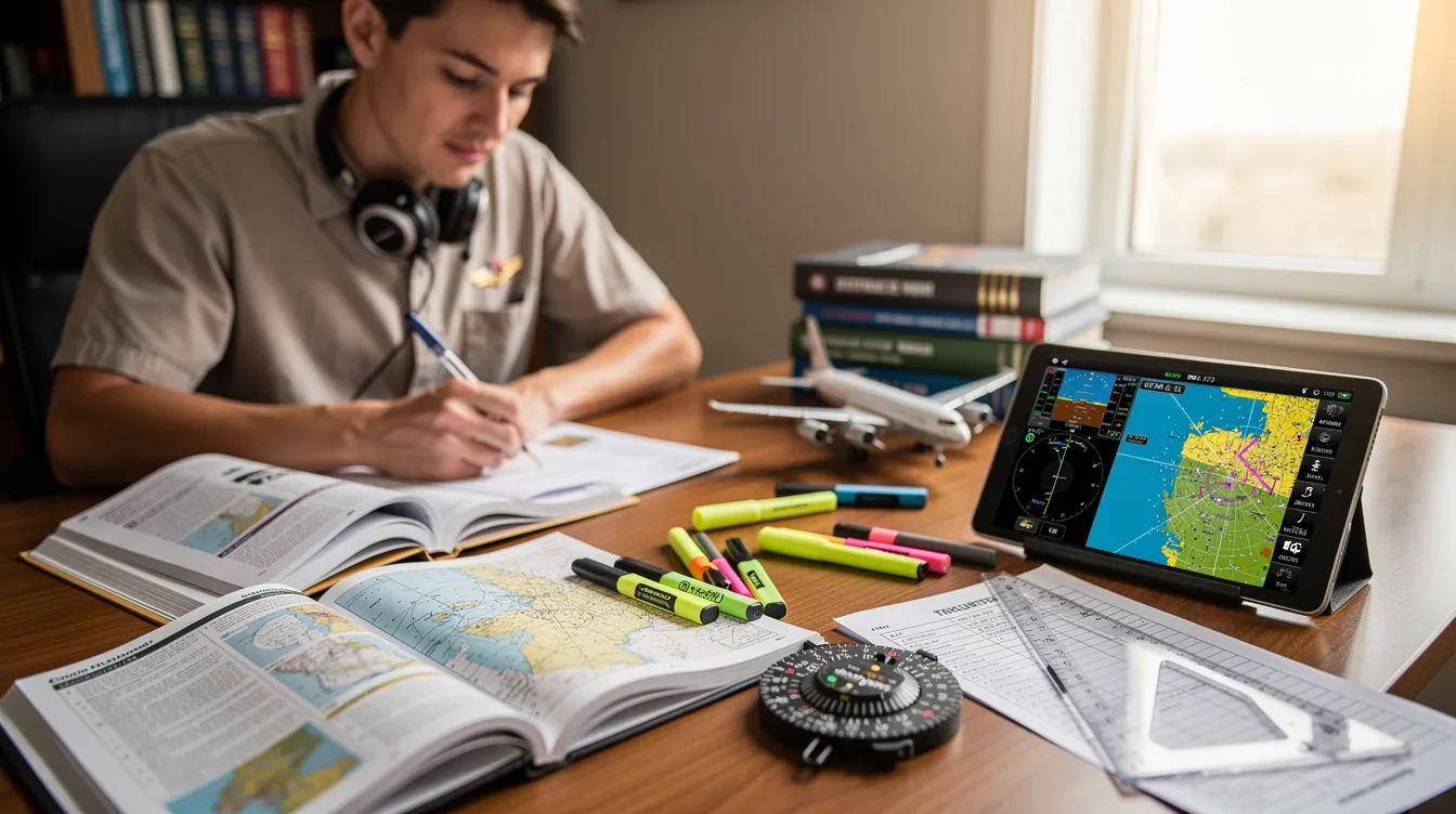A student pilot is seated at a desk, surrounded by various aviation study materials including charts and a tablet, as they prepare for their FAA written test. The scene emphasizes the importance of aeronautical knowledge and ground school courses in the flight training process.