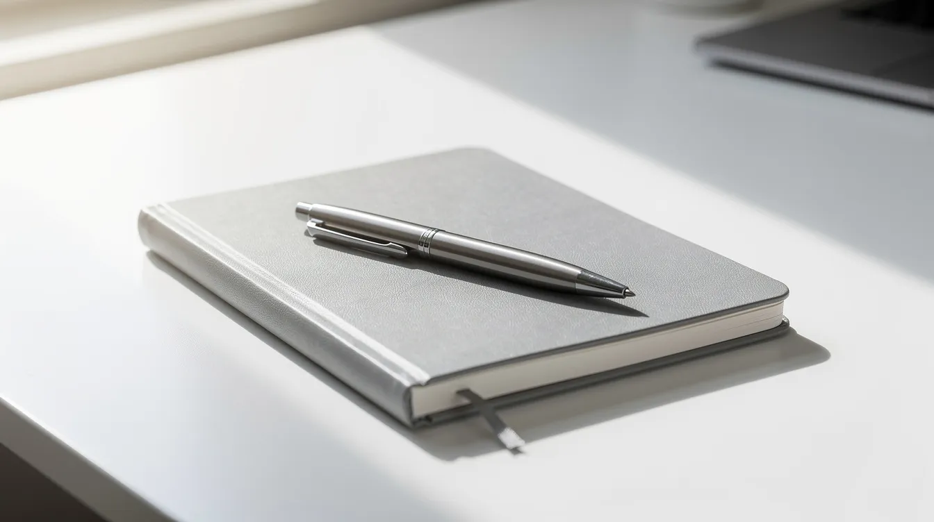 The image features a professional notebook and a sleek pen resting on a clean, modern desk, illuminated by soft natural light, suggesting a space conducive to leadership development and executive coaching sessions. This setting reflects a focus on enhancing leadership skills and fostering self-awareness among senior leaders and emerging leaders.
