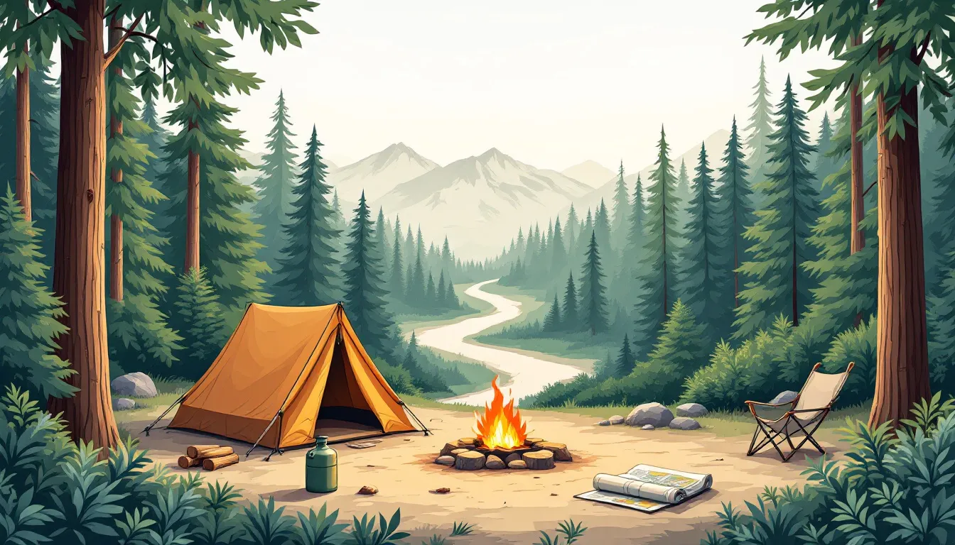 A scenic view of a campsite surrounded by trees and nature, perfect for a camping trip.