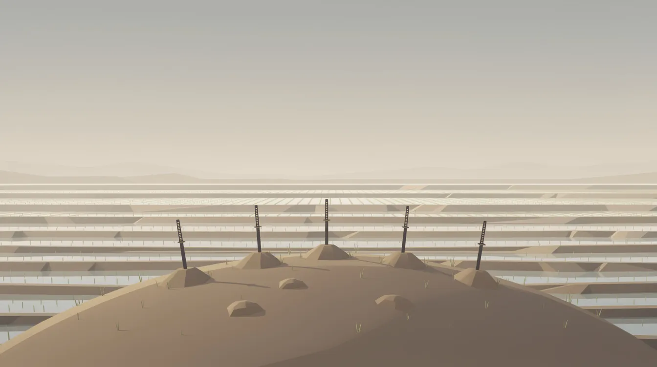 Die minimalistische Illustration zeigt eine sanfte Hügelkuppe mit vier Grabhügeln, aus denen Samurai-Schwerter ragen. Im Hintergrund erstrecken sich Reisfelder unter einem weiten Himmel, was eine stille und nachdenkliche Stimmung vermittelt, die an den Klassiker "Die sieben Samurai" von Akira Kurosawa erinnert.