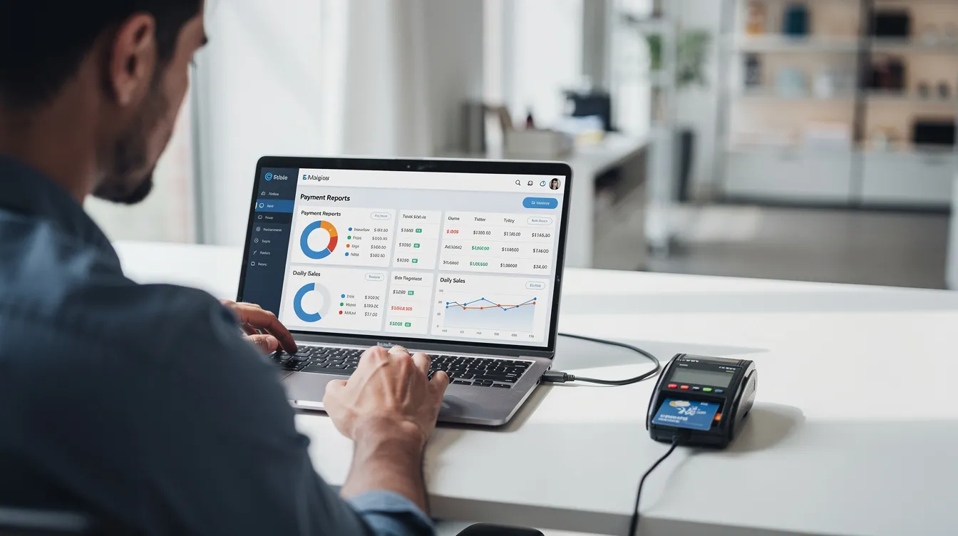 A business owner is focused on reviewing payment reports displayed on a laptop, with a card reader positioned nearby, illustrating the process of accepting online payments and managing transaction details effectively. This scene emphasizes the importance of payment processing for small businesses, showcasing tools for handling credit and debit card transactions.