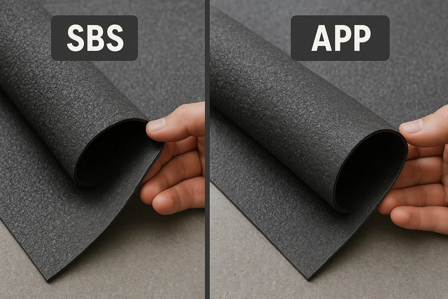 SBS and APP bituminous membranes displayed side-by-side, showing different flexibility properties.