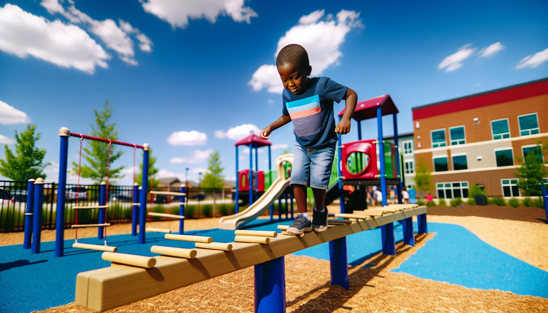 Child confidently walking across a wooden balance beam at playground