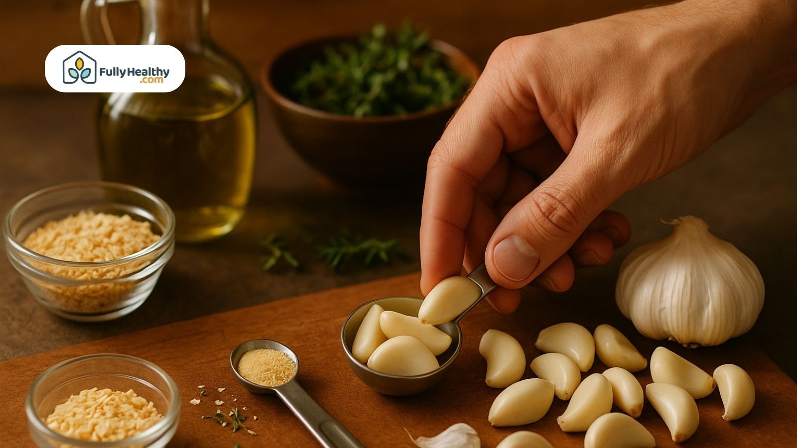 Hand placing garlic clove in spoon beside garlic and dry seasoning