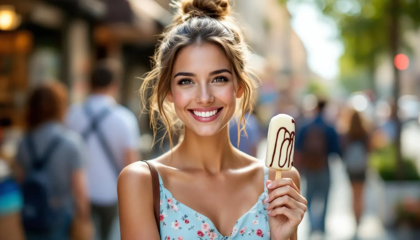 A woman is joyfully enjoying a chocolate ice cream bar, her smile reflecting the deliciousness of the treat. This moment captures the delight of indulging in a creamy dessert that could be part of her keto diet.