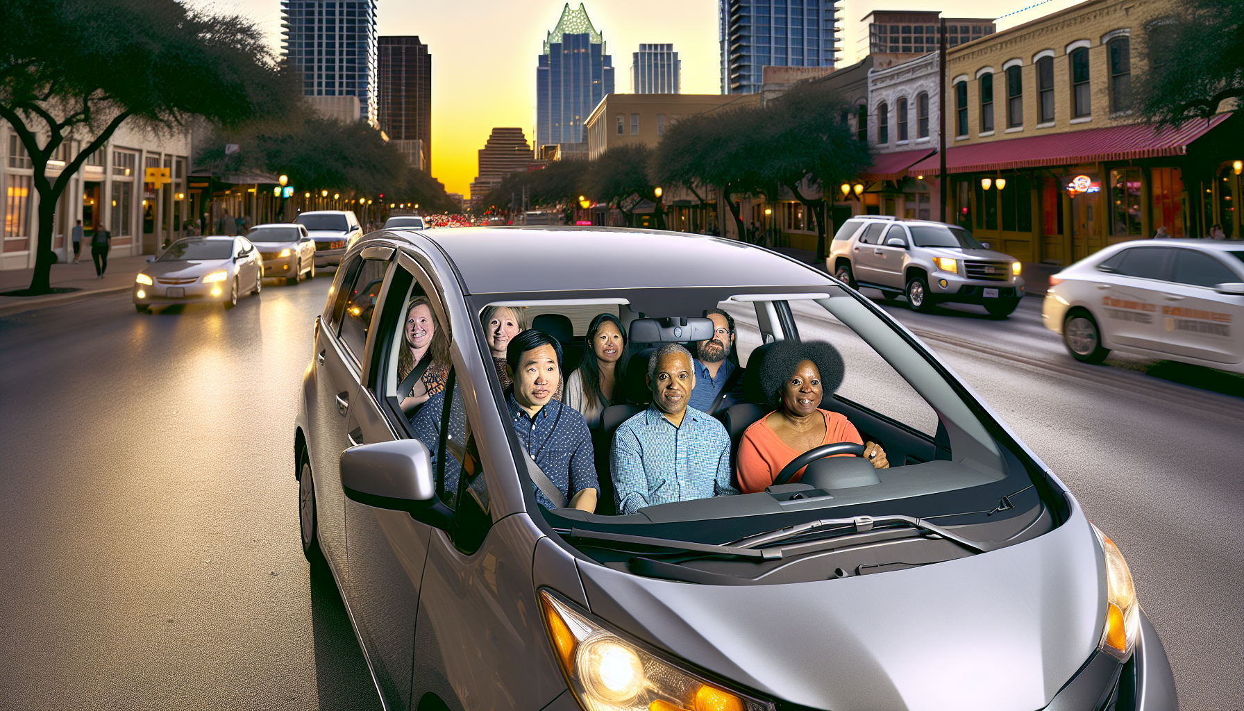 Ridesharing carpool during evening rush hour in Austin
