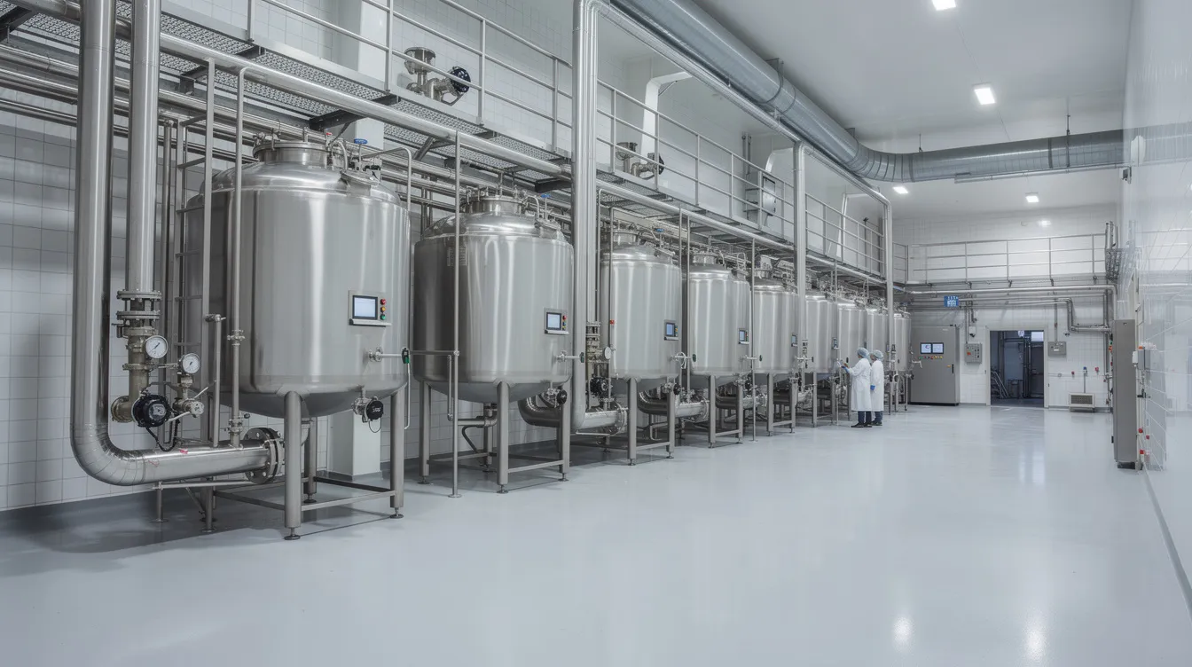 46d8696b a96f 41f2 8f57 365e9e2a6d1b The image depicts the interior of a modern dairy processing facility, showcasing large stainless steel tanks and intricate pipelines essential for milk processing. This advanced setup is vital for dairy entrepreneurs looking to enhance their operations and ensure steady cash flow through efficient production methods.