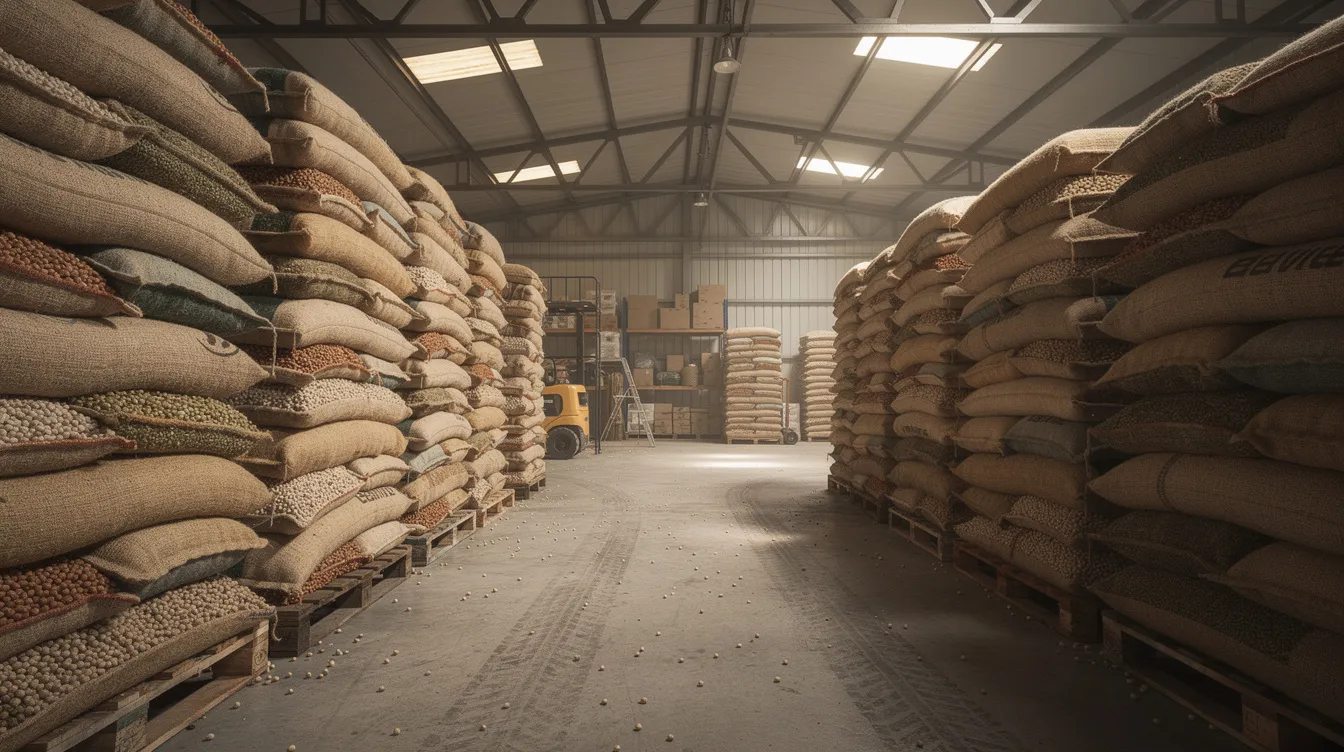 46d8ff86 8f1b 46f8 b721 42708962fb9e The image depicts the interior of a warehouse filled with large, stacked jute bags containing chickpeas and various grains, essential raw materials for the food processing industry. This scene illustrates the importance of managing a company's working capital position to ensure operational efficiency and production capacity in a besan mill plant.