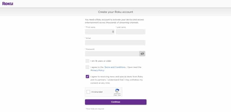 Roku create account page