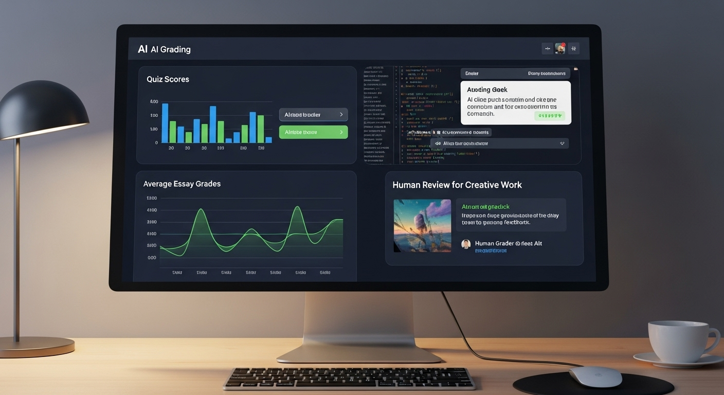 "AI-powered grading dashboard accurately evaluating quizzes, essays, and coding tasks with human review for creative work.