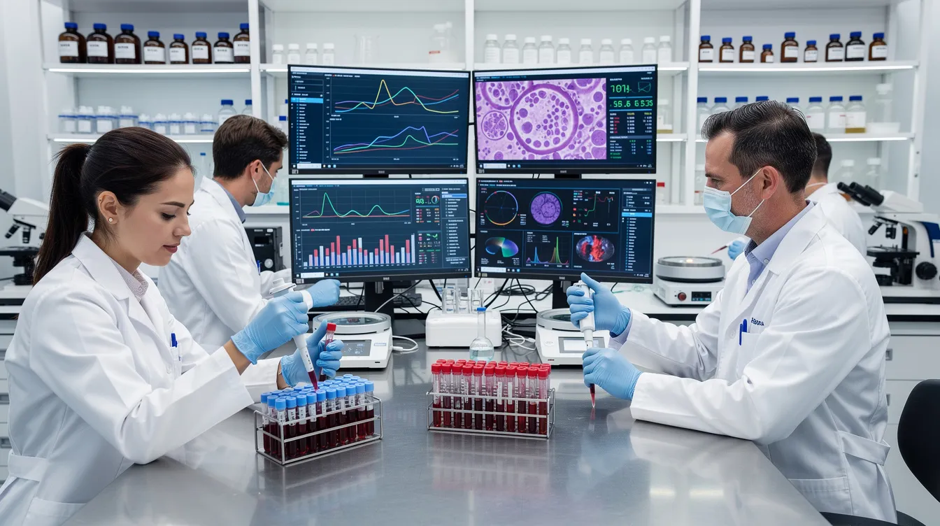 The image shows researchers in a laboratory focused on examining blood samples, with data displayed on computer screens, highlighting their analysis of taurine levels and its potential role in delaying the aging process. This scene reflects the ongoing research into taurine supplementation as a means to improve health and longevity in various species, including humans.