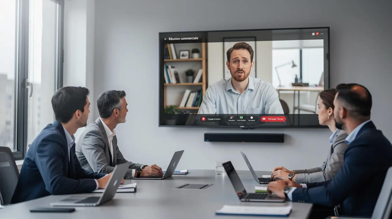 Une équipe commerciale est en visioconférence, concentrée sur les réactions d'un prospect affiché sur l'écran. Ils échangent des conseils et techniques de vente pour conclure la vente et répondre aux attentes de leur interlocuteur.