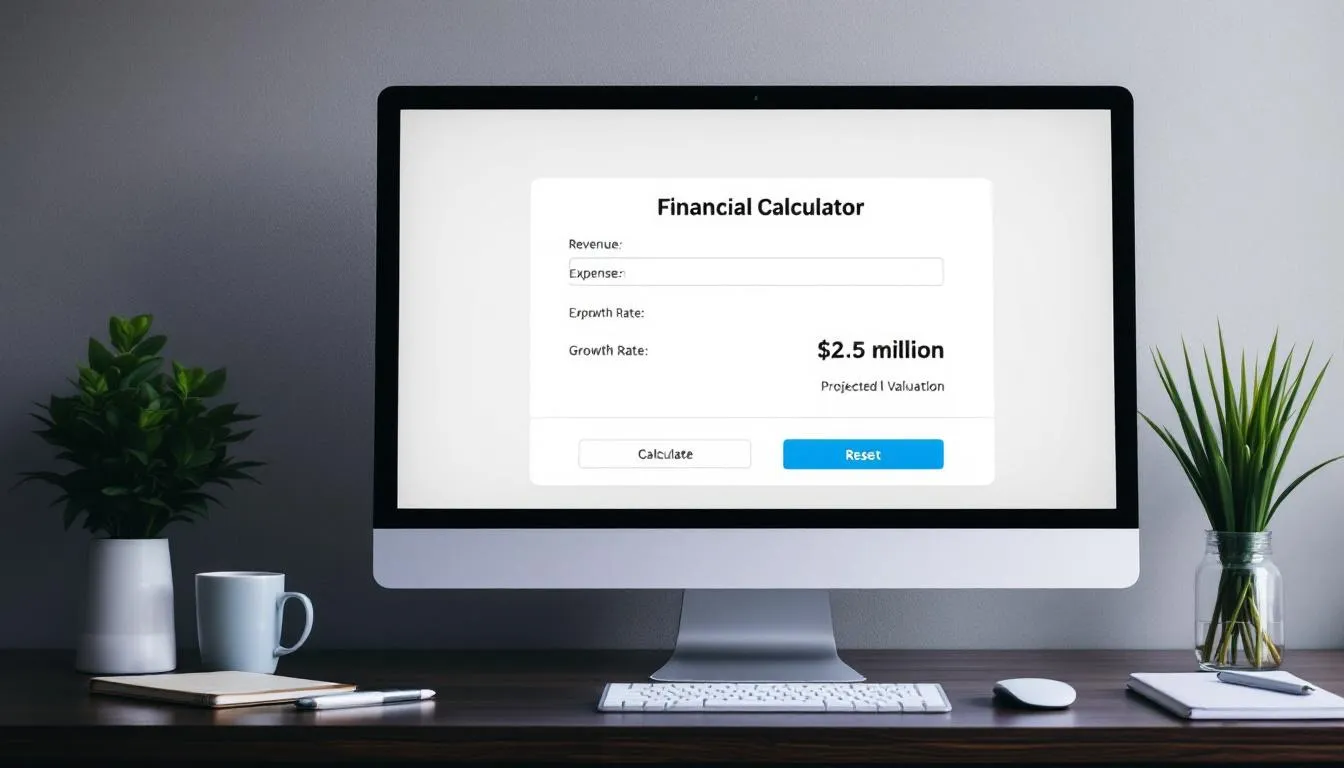 The image displays a computer screen featuring a business valuation calculator with various inputs and results related to business worth, including financial metrics like annual profits and cash flow. This tool is designed for business owners and financial professionals to estimate the value of their business based on assets, earnings, and market trends.
