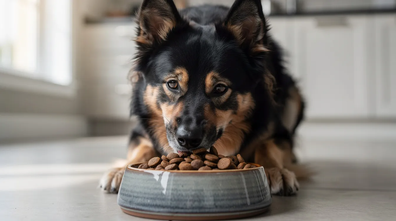 A Bohemian Shepherd is enjoying high-quality kibble from a dog bowl, showcasing its well-proportioned body and thick double coat. This medium-sized dog, known for its versatility and herding abilities, displays a keen sense of focus as it eats, embodying the healthy breed characteristics of the Bohemian Shepherd dog.