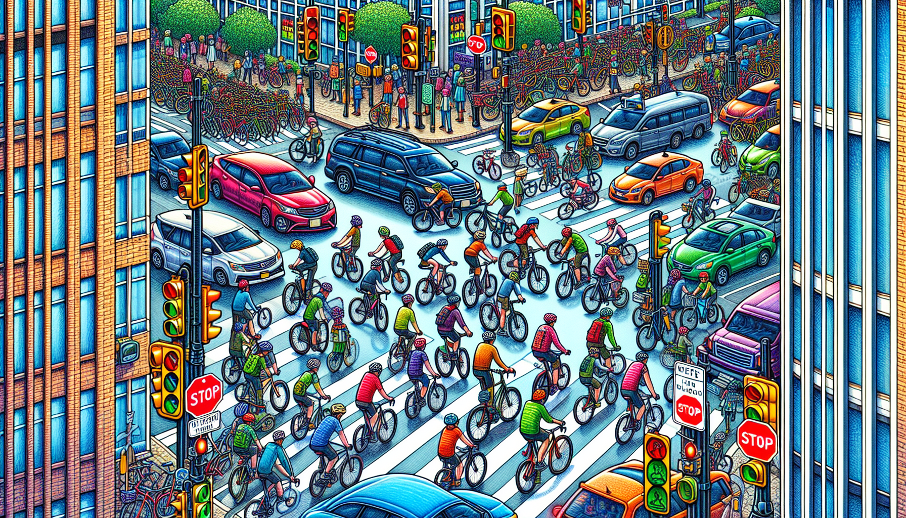 Illustration depicting cyclists navigating through an intersection with various traffic signs.