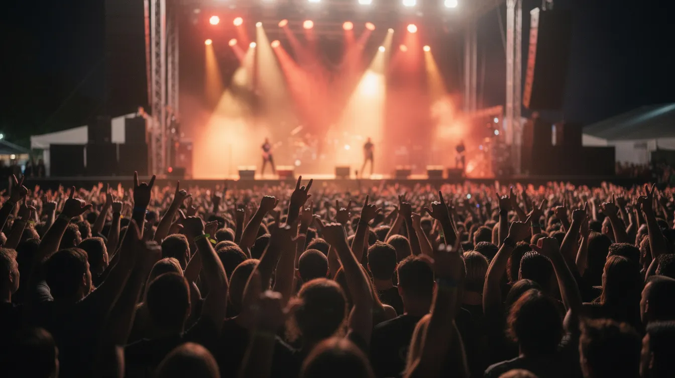 Eine große Menschenmenge versammelt sich bei einem Metal-Konzert in der Nacht, mit erhobenen Händen, während dramatische Bühnenbeleuchtung in roten und orangefarbenen Tönen die Atmosphäre verstärkt. Die Energie des Publikums spiegelt die Leidenschaft für verschiedene Metal-Genres wider, von Heavy Metal bis Thrash Metal.