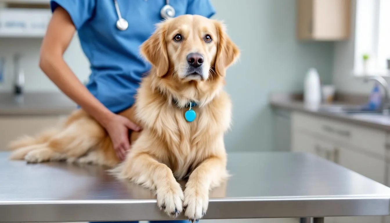 A goldendoodle is at a veterinary checkup, highlighting the importance of regular health care for this hybrid breed. The dog, with its curly coat and floppy ears, represents the playful nature and smart temperament that goldendoodles are known for, making them wonderful pets for active families.