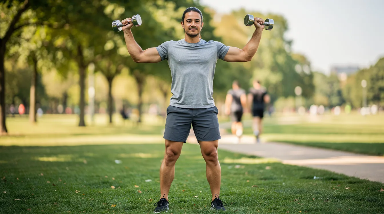 A person is engaging in light dumbbell exercises outdoors in a park, demonstrating a healthy lifestyle and focus on fitness. The individual appears to be working on toning their upper arms, which can be beneficial for those concerned about excess skin after significant weight loss or aging.