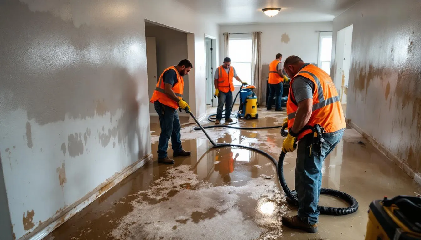 In A Jacksonville, Florida Home, Flood Cleanup Is Underway With Workers Wearing Protective Clothing, Including Rubber Gloves And Waterproof Boots, As They Clean Surfaces Affected By Standing Water And Debris. The Scene Highlights The Importance Of Safety Measures To Prevent Mold Growth And Exposure To Hazardous Materials During The Restoration Process.