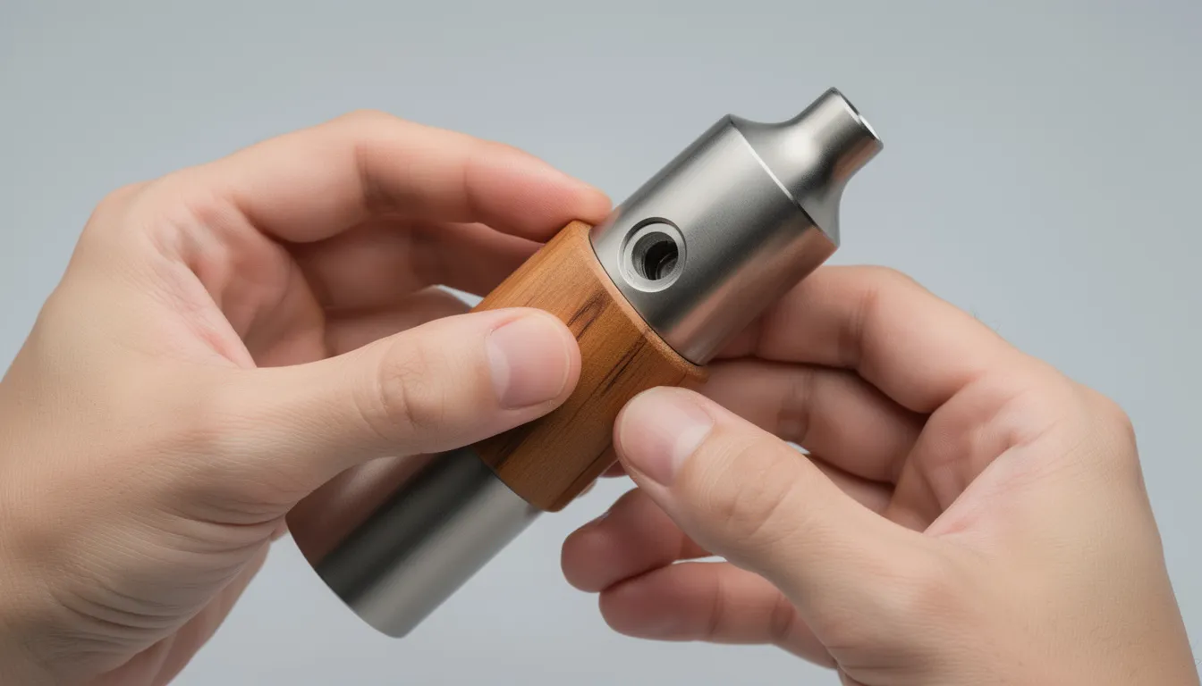 Zwei Hände justieren die hölzerne Hülse eines Metall-Vaporizers, während die Luftstromöffnung gut sichtbar ist. Der Vaporizer, ein Dynavap Vong Modell, zeigt ein ansprechendes Design und bietet optimale Bedingungen für aromatische Dampfsessions.