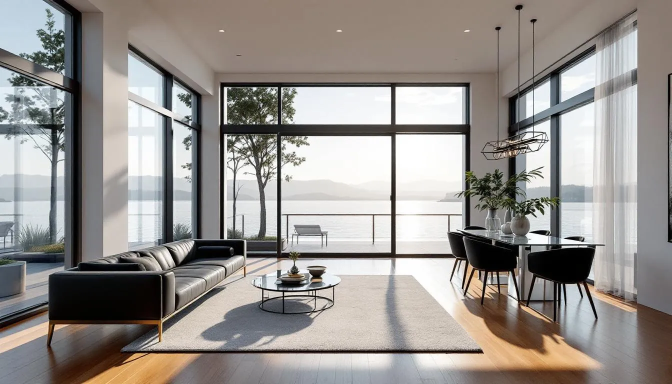 The image depicts the interior of a luxury waterfront home featuring expansive floor-to-ceiling windows that provide stunning views of the water, likely part of the intracoastal harbor community in Fort Myers, Florida. This elegant space emphasizes a lifestyle of comfort and sophistication, perfectly suited for those seeking homes for sale in this desirable location.