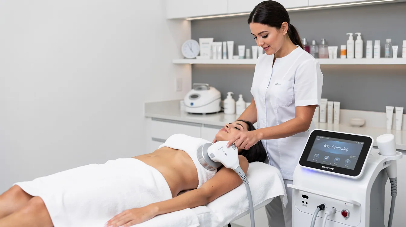 A person is undergoing a non-invasive body contouring treatment on their abdomen in a clean, modern med spa treatment room. The procedure utilizes cutting-edge technology to tighten skin and reduce stubborn fat, contributing to natural-looking results and enhanced confidence.