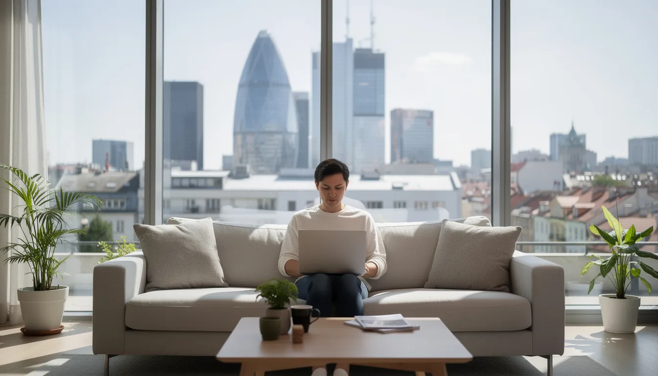 Na obrazku widoczna jest osoba pracująca na laptopie w nowoczesnym mieszkaniu, z dużymi oknami, przez które widać warszawskie wieżowce. Wnętrze jest stylowo urządzone, co podkreśla komfortowe warunki do pracy oraz atrakcyjny widok na rynek nieruchomości w Warszawie.