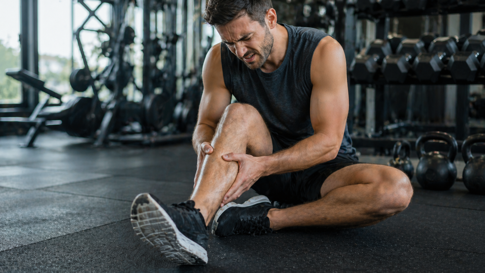Man sitting on gym floor holding calf muscle due to post workout soreness and discomfort