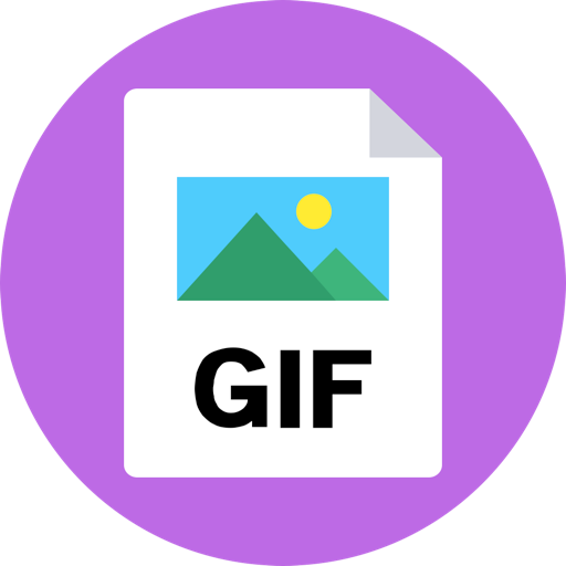 L'image montre le symbole du format GIF. Les lettres GIF sont écris sur un fond rond de couleur mauve