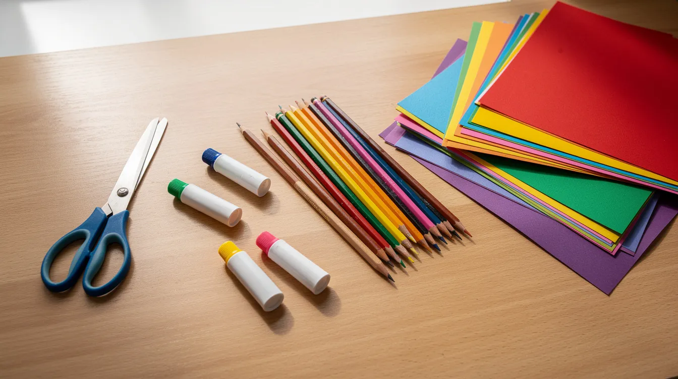 Na drewnianym biurku rozłożone są kolorowe materiały do rękodzieła, w tym nożyczki, klej w sztyfcie, arkusze kolorowego papieru oraz ołówki. Te różnorodne elementy mogą być wykorzystane do tworzenia lapbooków oraz szablonów wklejek dla dzieci, co ułatwia naukę i zabawę.