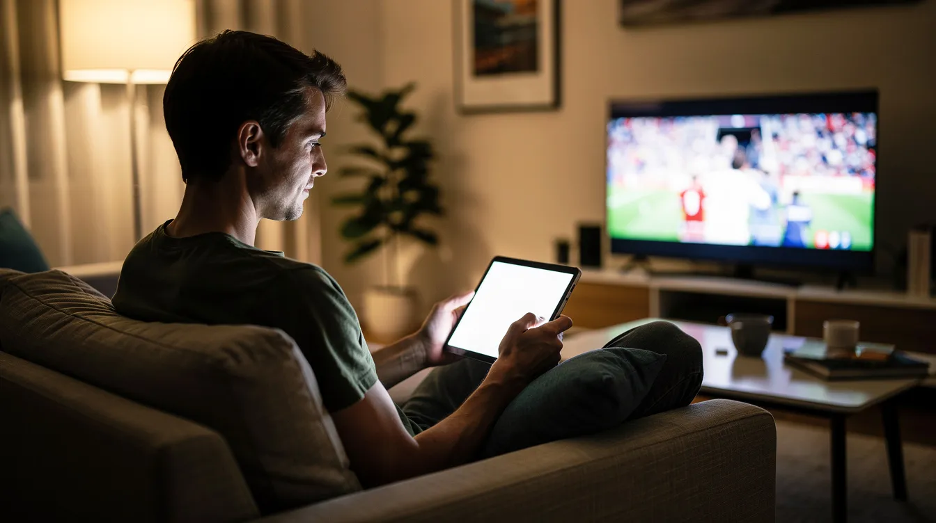 A person is sitting on a couch, holding a tablet while a television is visible in the background, suggesting a cozy setting for watching shows via an IPTV Canada service. The scene reflects modern entertainment habits, combining the use of a tablet with traditional television viewing.