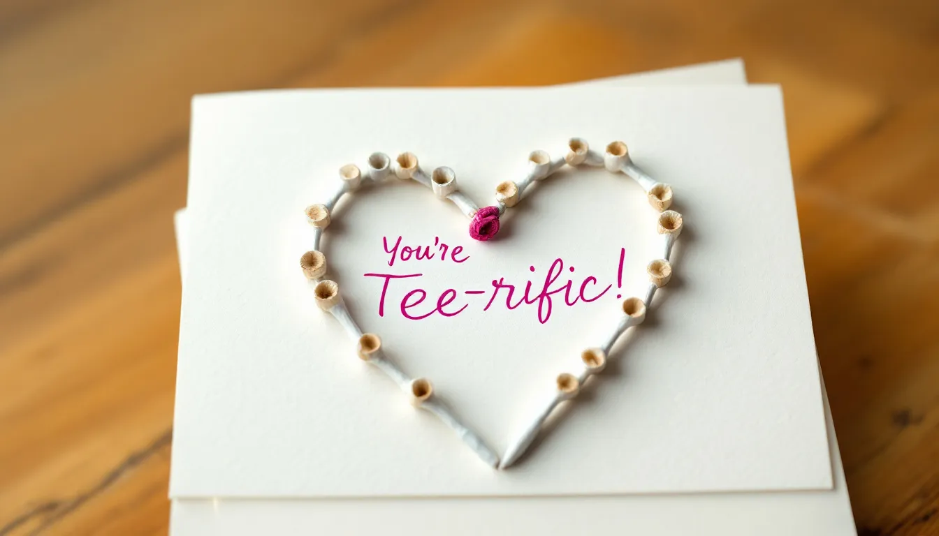 A handmade card featuring golf tees arranged in a heart shape, accompanied by a playful handwritten message that reads, “You’re Tee-rific!” This unique homemade gift idea is perfect for Father's Day, showcasing a personal touch from kids.