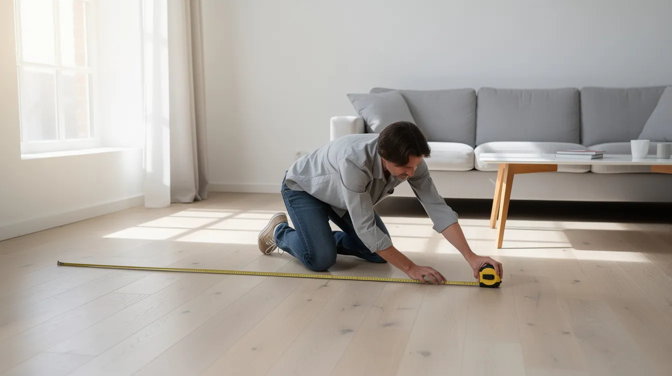 En person mäter golvytan i ett ljust vardagsrum med trägolv, vilket kan vara en perfekt plats för en bekväm hörnbäddsoffa som erbjuder både sitt- och sovplats för gäster. Rummet har en öppen och luftig känsla, vilket gör det lätt att välja rätt möbler för att maximera utrymmet.
