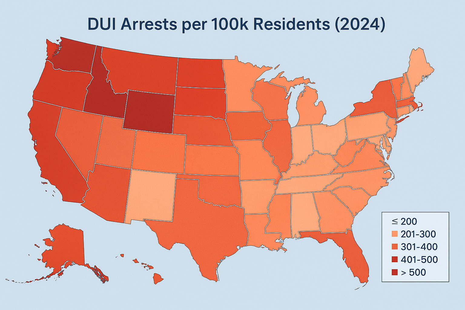 A U.S. heat map showing DUI arrest rates per 100,000 residents by state in 2024, with a blue gradient scale indicating severity.
