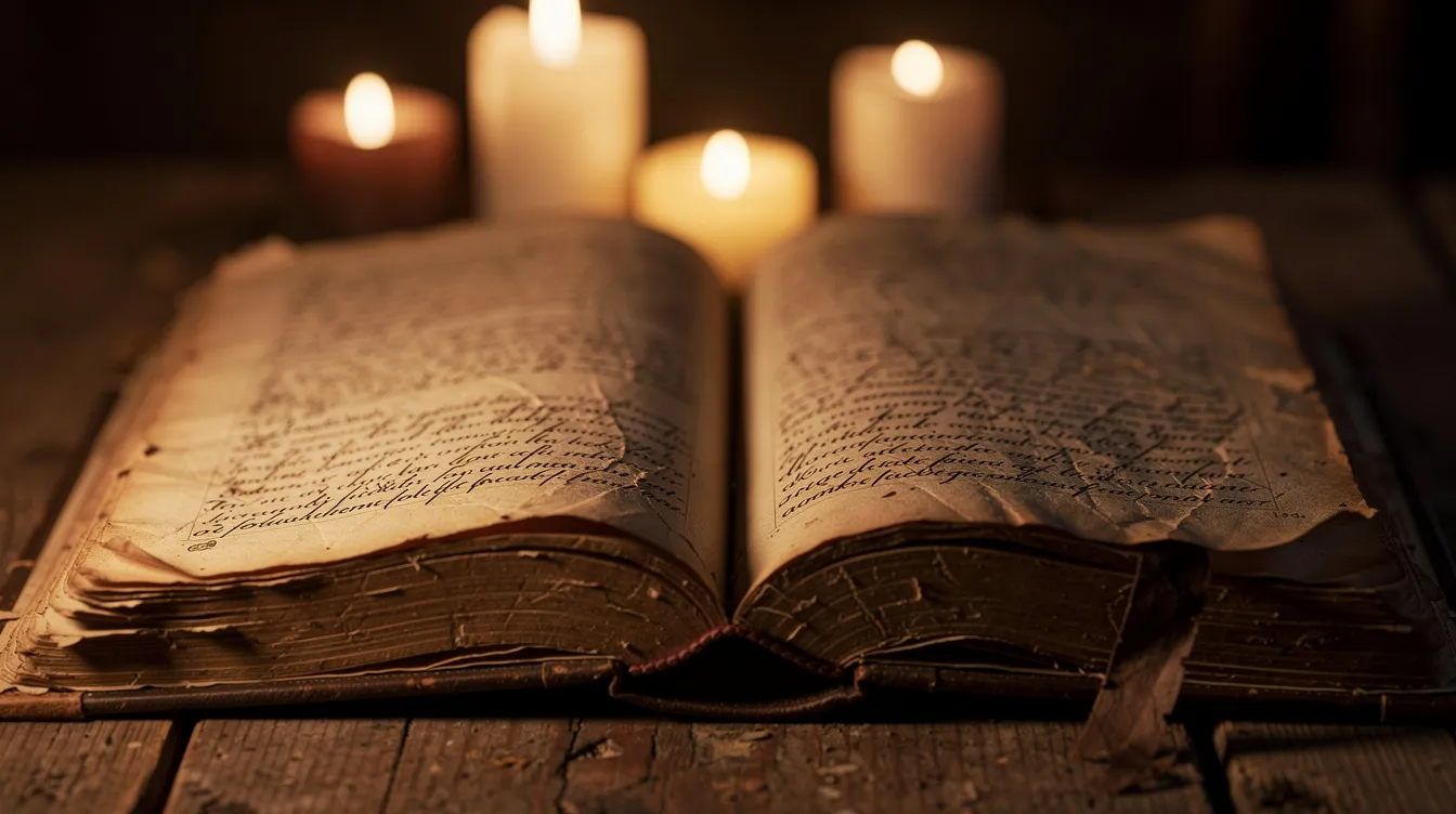 An open ancient book rests on a wooden table, illuminated by the warm glow of candlelight in the background, symbolizing the wisdom and truth found in scripture. This serene setting evokes a sense of holiness and reverence, reflecting the importance of faith and purity in daily life.