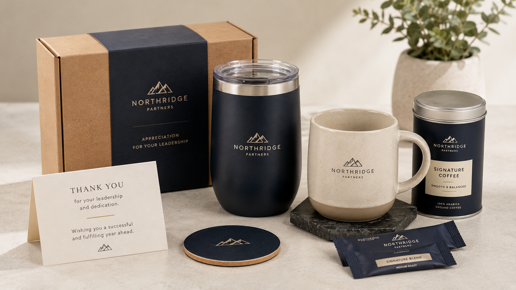 Year-end appreciation gift with a tumbler, ceramic mug, coffee tin, coaster, and thank-you card