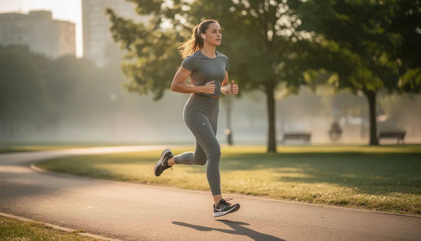 A person is jogging outdoors in the soft morning light, wearing earbuds and enjoying their exercise routine. This scene emphasizes the importance of a healthy lifestyle, which can be supported by taking NMN supplements for energy production and cellular health.