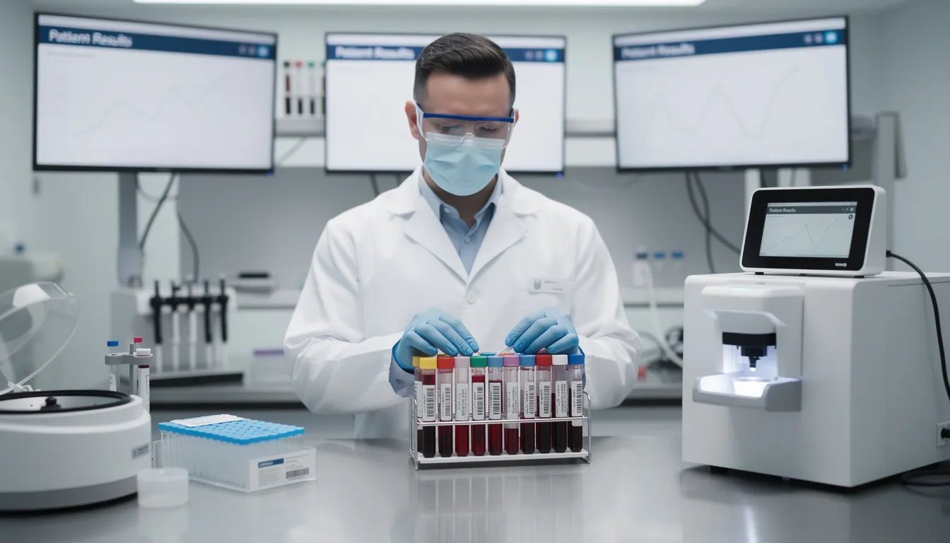 A laboratory technician is carefully handling blood samples for testing, ensuring proper protocols are followed to avoid contamination. The scene emphasizes the importance of accurate testing for various conditions such as human immunodeficiency virus and hormone-related issues, including the administration of treatments like tesamorelin injections.