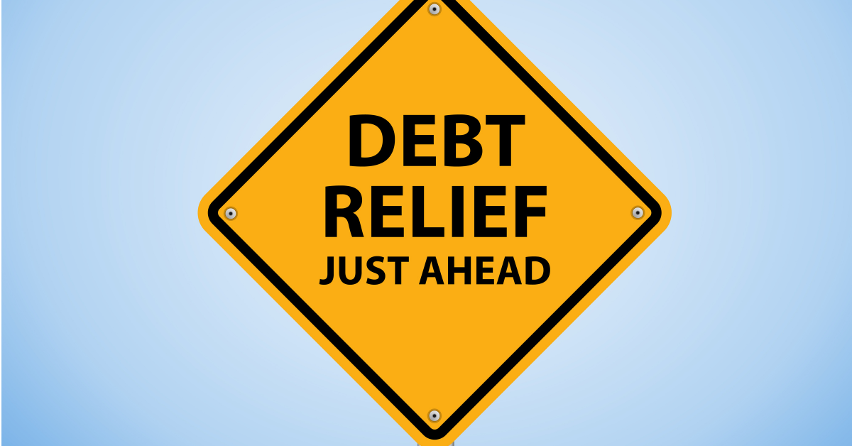 Image of a sign saying "debt relief just ahead" referencing florida debt relief programs and debt settlements.