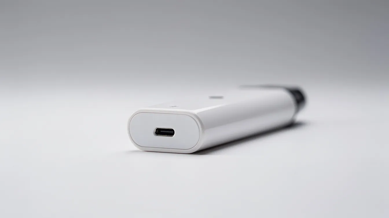 A compact disposable vape device, featuring a USB-C charging port, rests on a clean surface, showcasing its sleek design and high performance features. This Juicy Bar vape is designed for convenience and offers a smooth, flavorful experience for users seeking quality and satisfaction in their vaping lifestyle.
