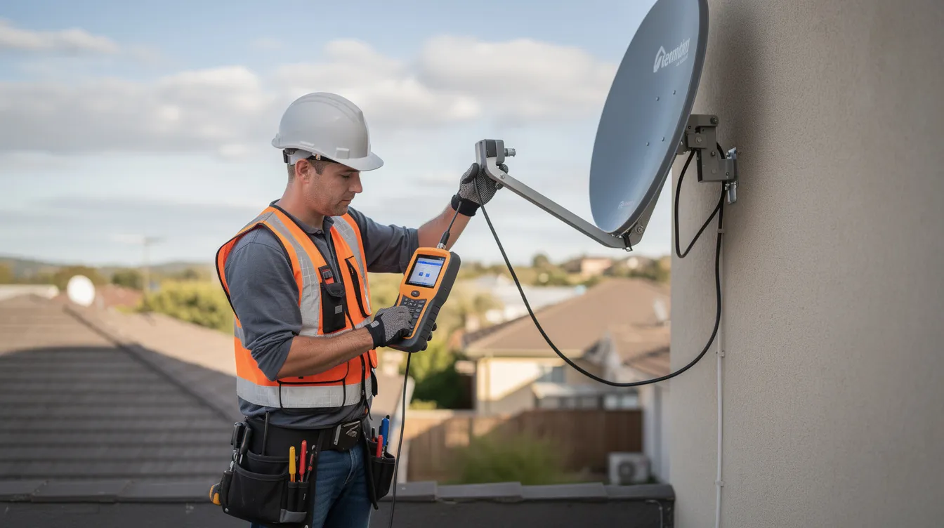 A technician is using a signal meter to test the alignment of a satellite dish, ensuring optimal connection for DSTV services. The setting emphasizes the professionalism and expertise of accredited DSTV installers in providing quality installation and maintenance for satellite systems.