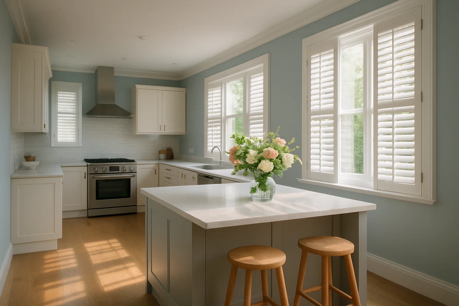 Plantation shutters blocking harsh sunlight while keeping a summer kitchen cool.