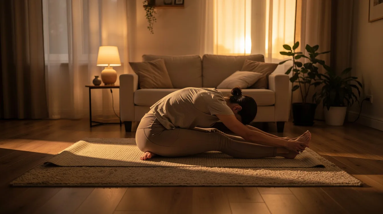A person is performing gentle yoga stretches on a mat in a serene living room, illuminated by soft evening light, promoting relaxation and preparing the body for a good night&rsquo;s sleep. This calming evening exercise enhances sleep quality and aids in stress relief, making it beneficial for healthy adults.