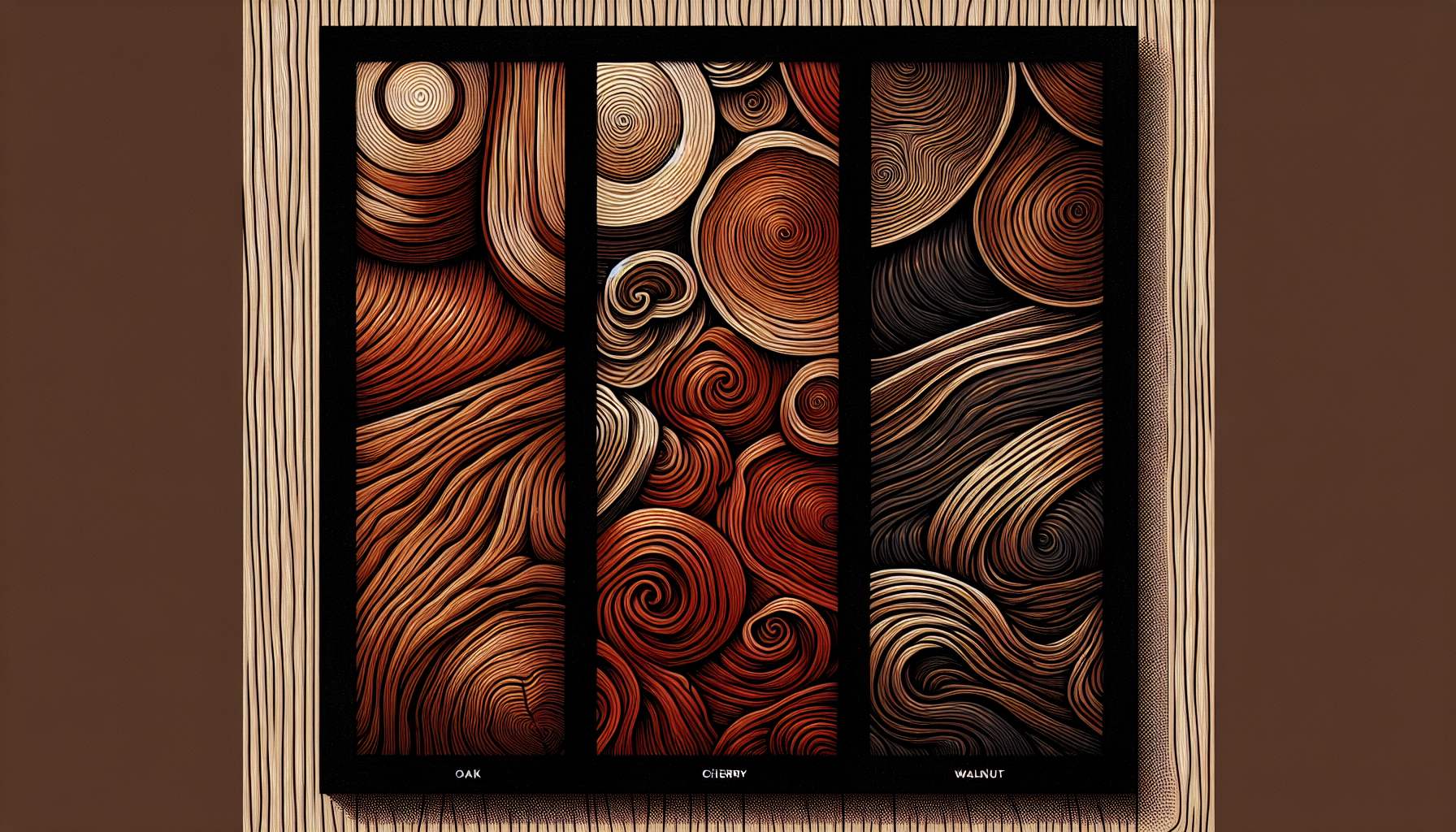 Illustration featuring different types of wood like oak, cherry, and walnut, highlighting their unique characteristics