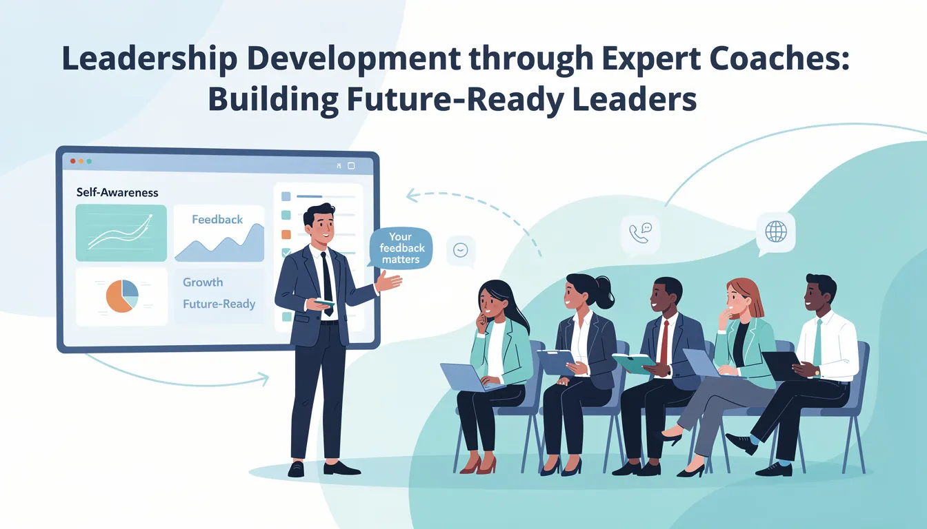 The image depicts a diverse group of senior leaders engaged in a coaching session with an expert executive leadership coach, who is providing guidance and feedback in a supportive environment. The scene reflects a collaborative atmosphere where leaders are exploring their leadership skills, enhancing self-awareness, and discussing their personal challenges to drive effective business outcomes.