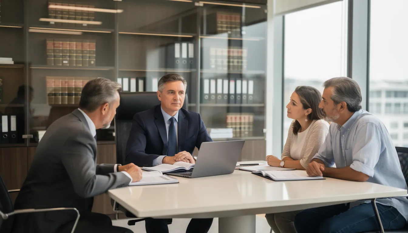 A professional bankruptcy lawyer is seen consulting with clients in a modern law office, providing compassionate representation and answering questions about the bankruptcy process. The atmosphere reflects a commitment to helping clients achieve financial freedom and relief from debt during a difficult time.